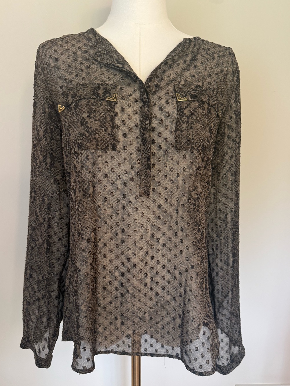 Outback Red Sheer Animal Print Blouse Gray Black Clip Dot Long Sleeve Size S